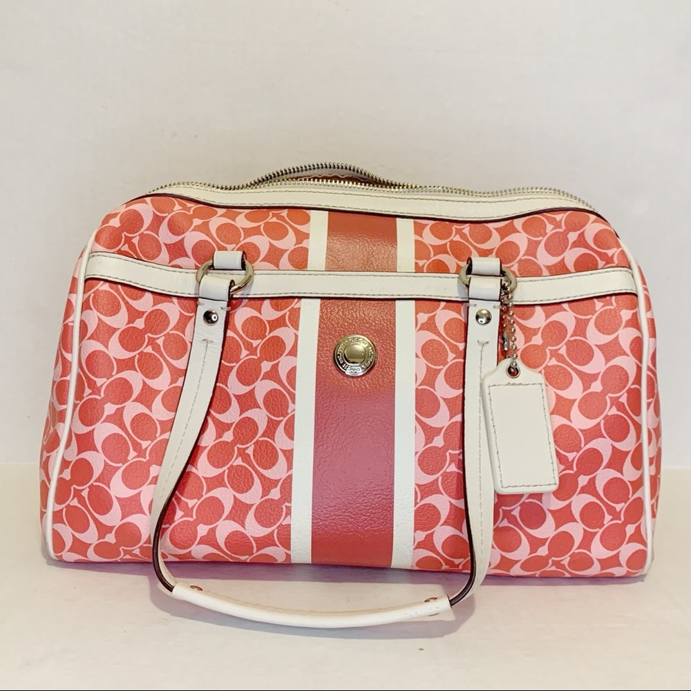 Coach Bowler Bag Purse Pink Coral White PVC EUC